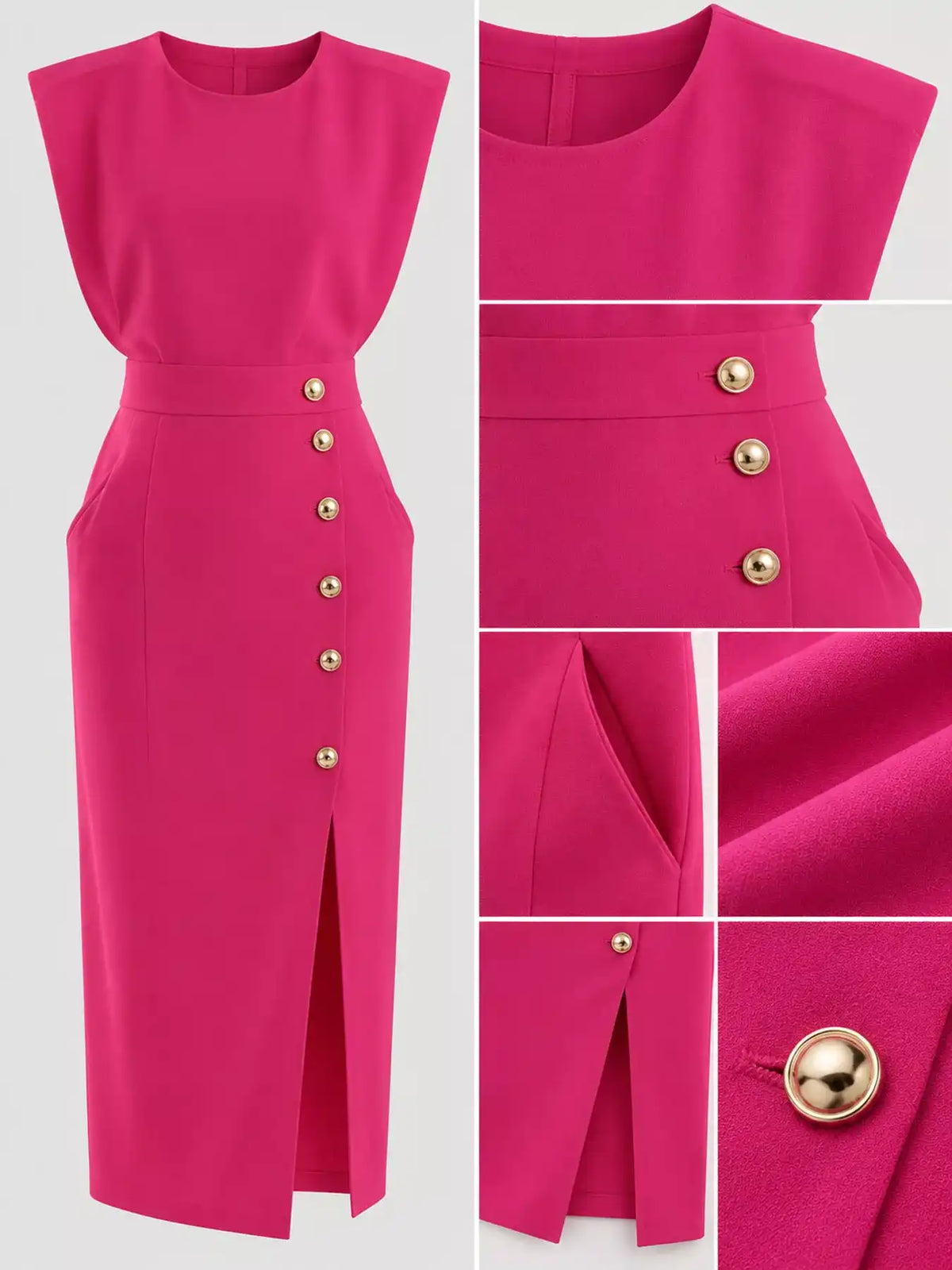 Sleeveless Midi Dress with Gold Button Detail and Side Slit 101001590890082 42 Affordable Fashion Under $100 Jerry's Apparel 