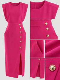 Sleeveless Midi Dress with Gold Button Detail and Side Slit 101001590890082 42 Affordable Fashion Under $100 Jerry's Apparel 