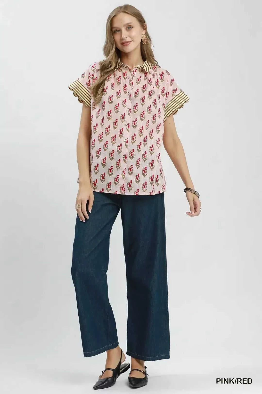 Umgee Block Print Button-Front Shirt with Contrast Stripe Point Collar 100100523571151 47 Affordable Fashion Under $100 Jerry's Apparel 