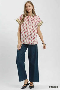 Umgee Block Print Button-Front Shirt with Contrast Stripe Point Collar 100100523571151 47 Affordable Fashion Under $100 Jerry's Apparel 