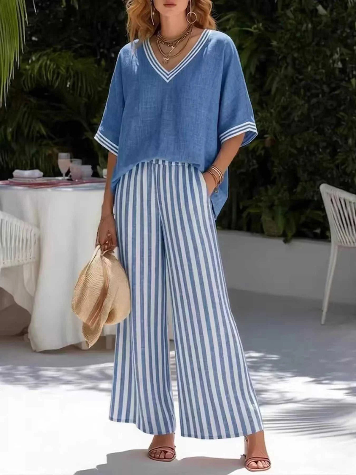 Full Size Striped V-Neck Top and Wide Leg Pants Set Plus Size 100100223355699 52 Affordable Fashion Under $100 Jerry's Apparel 