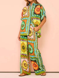Printed Button Up Shirt and Pants Set