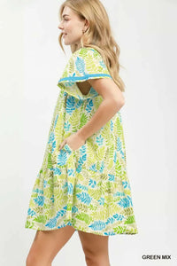 Umgee Leaf Print Flutter Sleeve Tiered Mini Dress 100100227411005 64 Affordable Fashion Under $100 Jerry's Apparel 