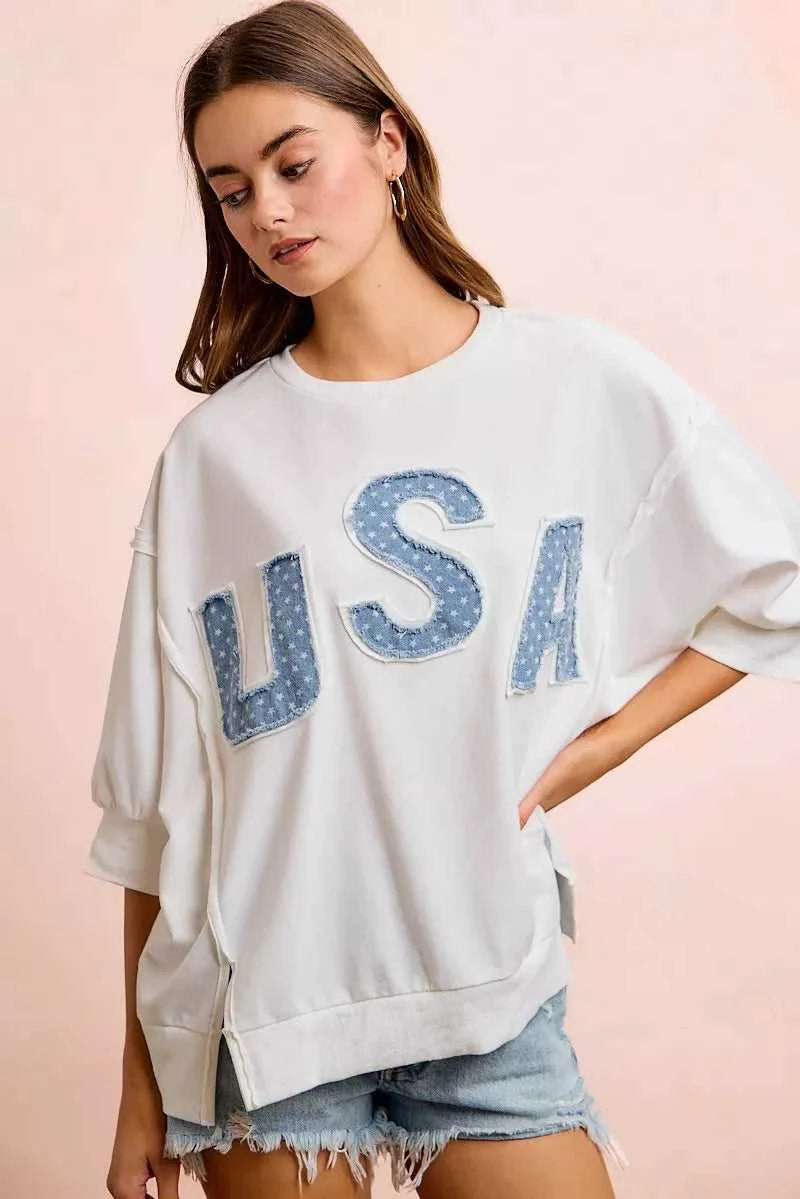 BiBi 4th Of July Usa Letter Patchwork French Terry Top 100100635501873 52 Gifts for Her Jerry's Apparel 