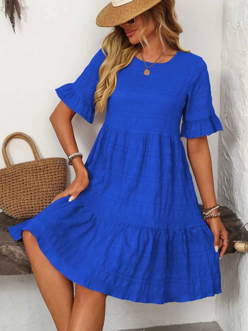 Mandy Ruffled Ruched Round Neck Half Sleeve Dress 100100796041903 25 Affordable Fashion Under $100 Jerry's Apparel 