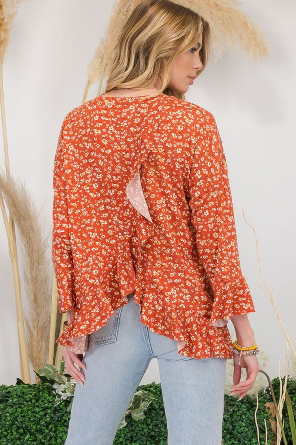 Full Size Floral Ruffle Detail Top