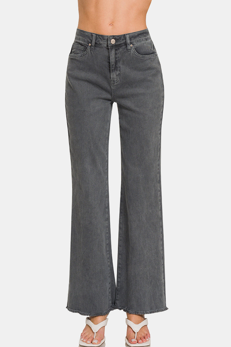 Zenana Acid Washed Frayed Hem Bootcut Jeans