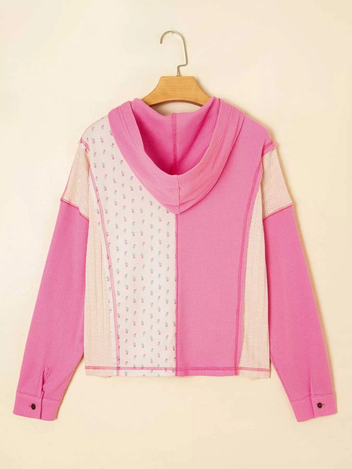 Mixed Texture Waffle Floral Patchwork Hooded Oversize Pullover 100100599360208 50 Affordable Fashion Under $100 Jerry's Apparel 