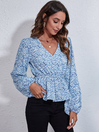 Ruched Printed V-Neck Long Sleeve Blouse