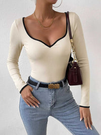 Ribbed Sweetheart Neckline Contrast Trim Long Sleeve Bodysuit 100100113781408 27 Affordable Fashion Under $100 Jerry's Apparel 