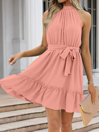 Frill Grecian Neck Tie Waist Mini Dress