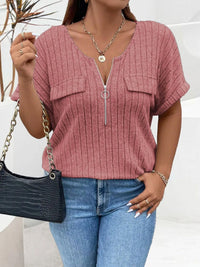 Plus Size Ribbed Half Zip Relaxed Fit T-Shirt