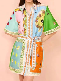 Printed Tie Waist Mini Shirt Dress