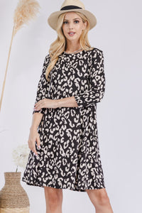 Full Size Leopard Three-Quarter Sleeve Dress with Pockets