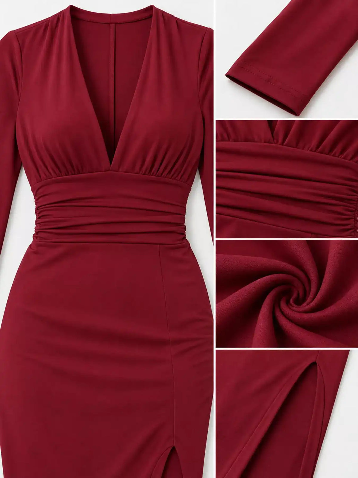 Deep V-Neck Ruched Bodycon Dress with High Slit 101001242970664 34 Gifts for Her Jerry's Apparel 