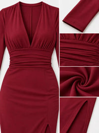 Deep V-Neck Ruched Bodycon Dress with High Slit 101001242970664 34 Gifts for Her Jerry's Apparel 