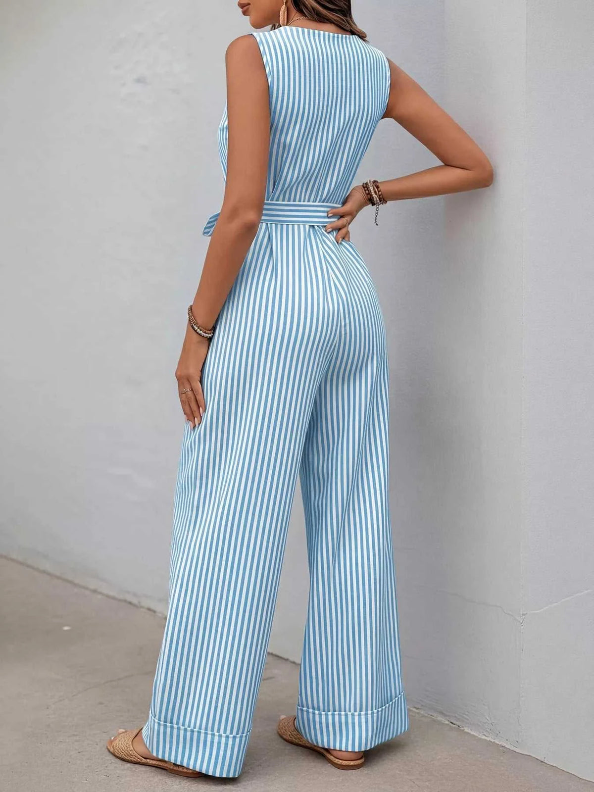 Striped Button-Front Tie Waist Wide Leg Jumpsuit 100100833661971 44 Affordable Fashion Under $100 Jerry's Apparel 