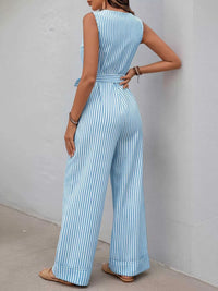 Striped Button-Front Tie Waist Wide Leg Jumpsuit 100100833661971 44 Affordable Fashion Under $100 Jerry's Apparel 