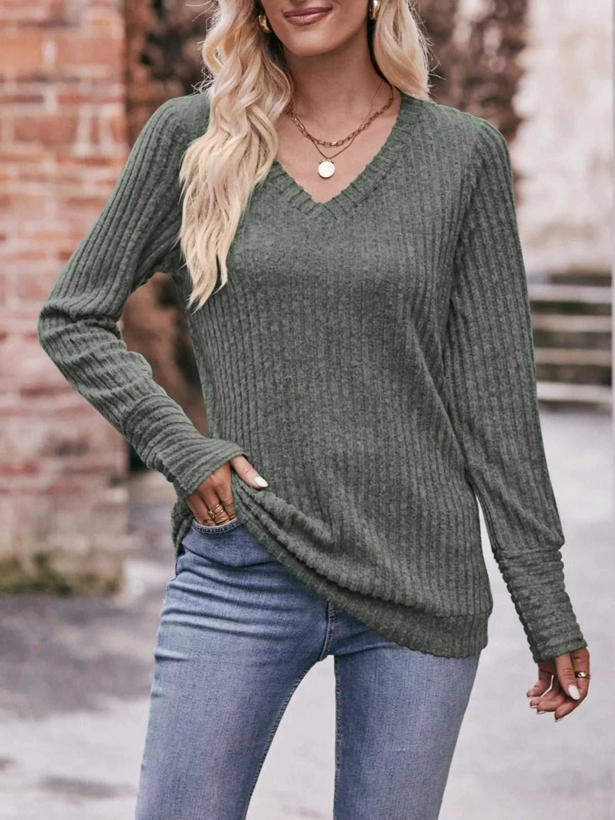 V-Neck Ribbed Knit Long Sleeve T-Shirt 100100748461046 28 Affordable Fashion Under $100 Jerry's Apparel 