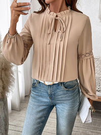 Perfee Frill Tie Neck Long Sleeve Blouse