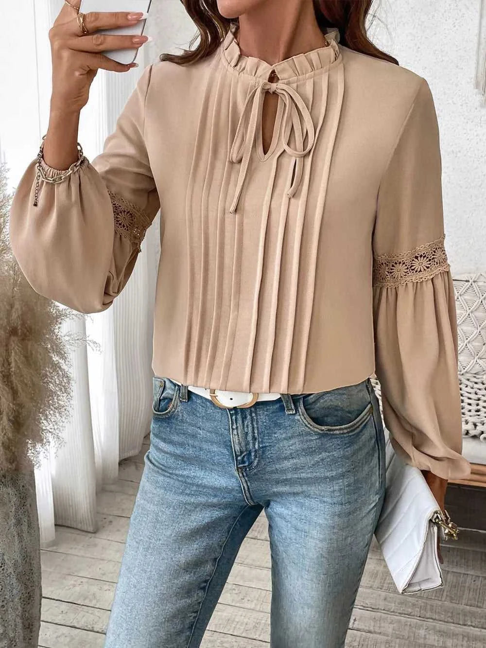 Perfee Frill Tie Neck Long Sleeve Blouse 100100140621598 33 Affordable Fashion Under $100 Jerry's Apparel 