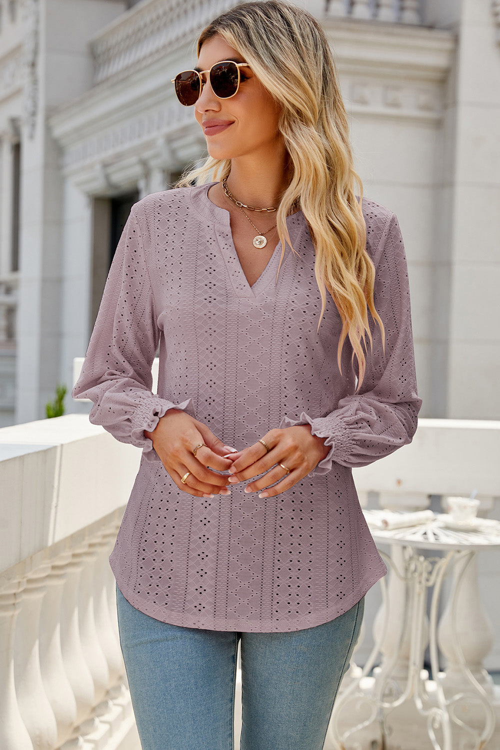 Eyelet Notched Lantern Sleeve T-Shirt