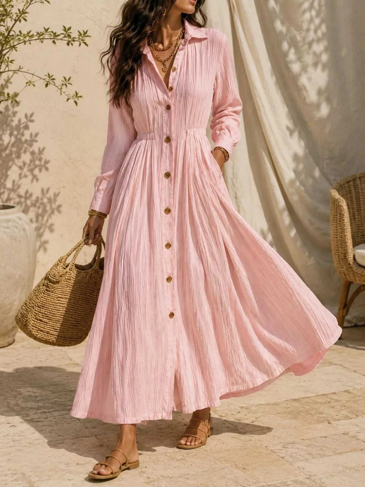 Full Size Textured Button Front Long Sleeve Maxi Dress Plus Size 100100300066352 41 Affordable Fashion Under $100 Jerry's Apparel 