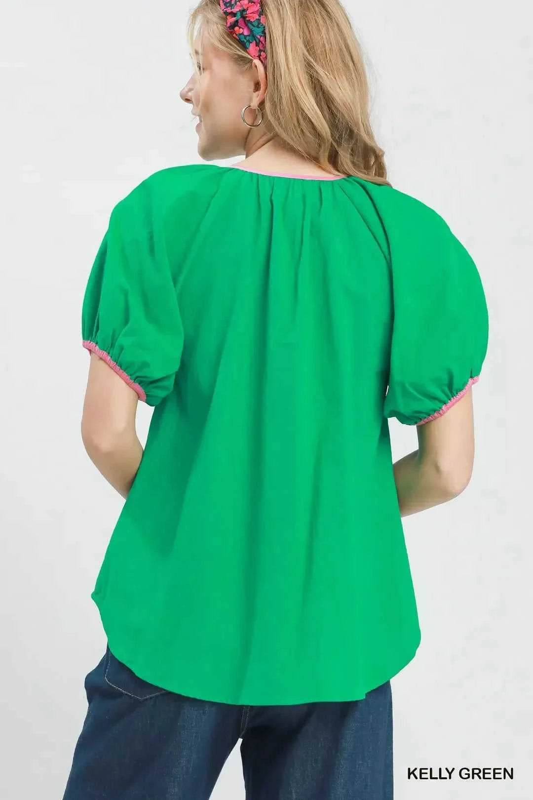 Umgee Contrast Trim Button Front Puff Sleeve Blouse 100100932681970 47 Affordable Fashion Under $100 Jerry's Apparel 