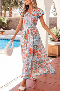 Floral Print V Neck Contrast Trim Flutter Sleeve Long Dress 100100057269818 71 Affordable Fashion Under $100 Jerry's Apparel 