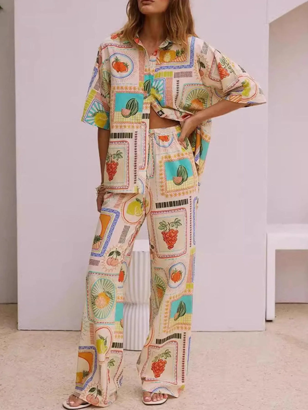 Printed Button Up Shirt and Pants Set