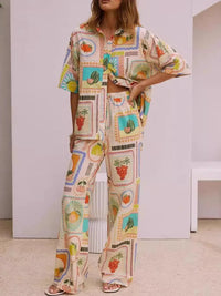 Printed Button Up Shirt and Pants Set