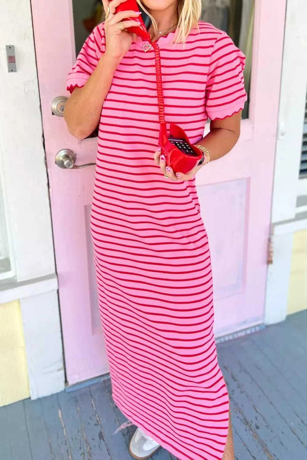 Stripe Striped Short Sleeve Scalloped Trim Side Slit Maxi Tee Dress 100100105587816 43 Affordable Fashion Under $100 Jerry's Apparel 