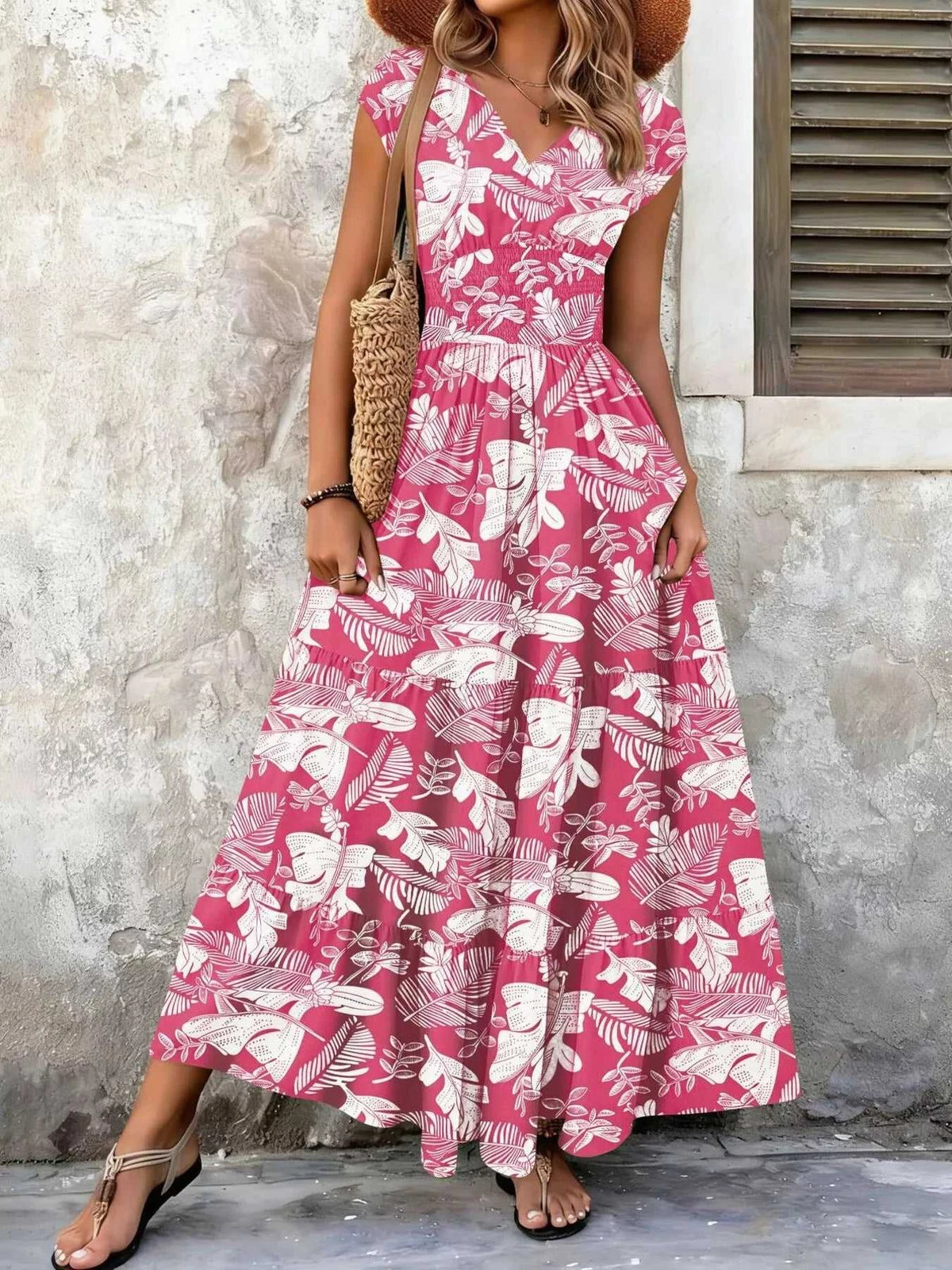 Full Size Printed V-Neck Tiered Maxi Dress Plus Size 100100096069770 30 Affordable Fashion Under $100 Jerry's Apparel 