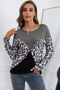 Ivy Lane Leopard Patch Color Block Ribbed Top