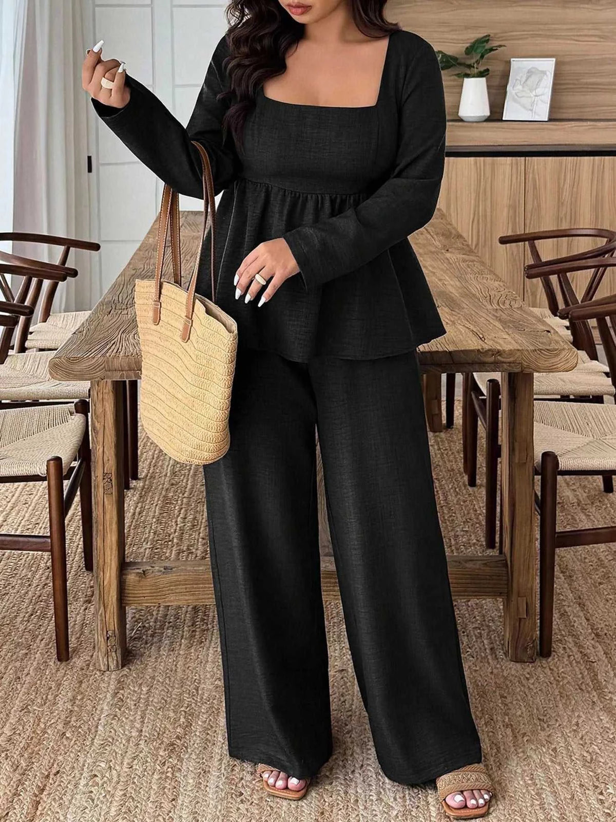 Plus Size Square Neck Long Sleeve Top and Pants Two-Piece Set 100100350212166 38 Affordable Fashion Under $100 Jerry's Apparel 