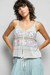 POL Printed Contrast Button Down Cami with Trim Detail and Blanket Stitch 100100528831650 62 Affordable Fashion Under $100 Jerry's Apparel 