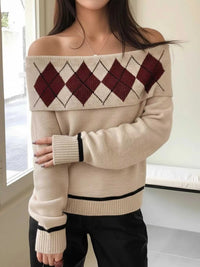 Off-Shoulder Argyle Pattern Sweater 100100066394324 44 Affordable Fashion Under $100 Jerry's Apparel 