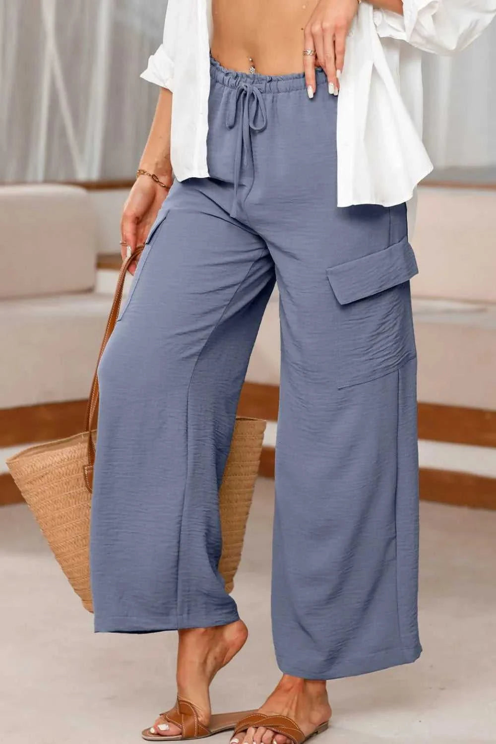 Drawstring Frilled Waist Wide Leg Utility Trousers 100100664290960 36 Affordable Fashion Under $100 Jerry's Apparel 