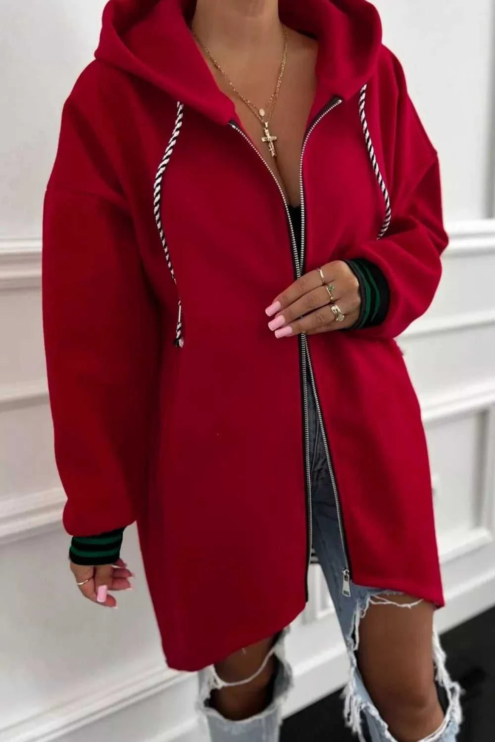 Contrast Cuffed Drop Shoulder Zip Up Hoodie 100100111249414 63 Affordable Fashion Under $100 Jerry's Apparel 