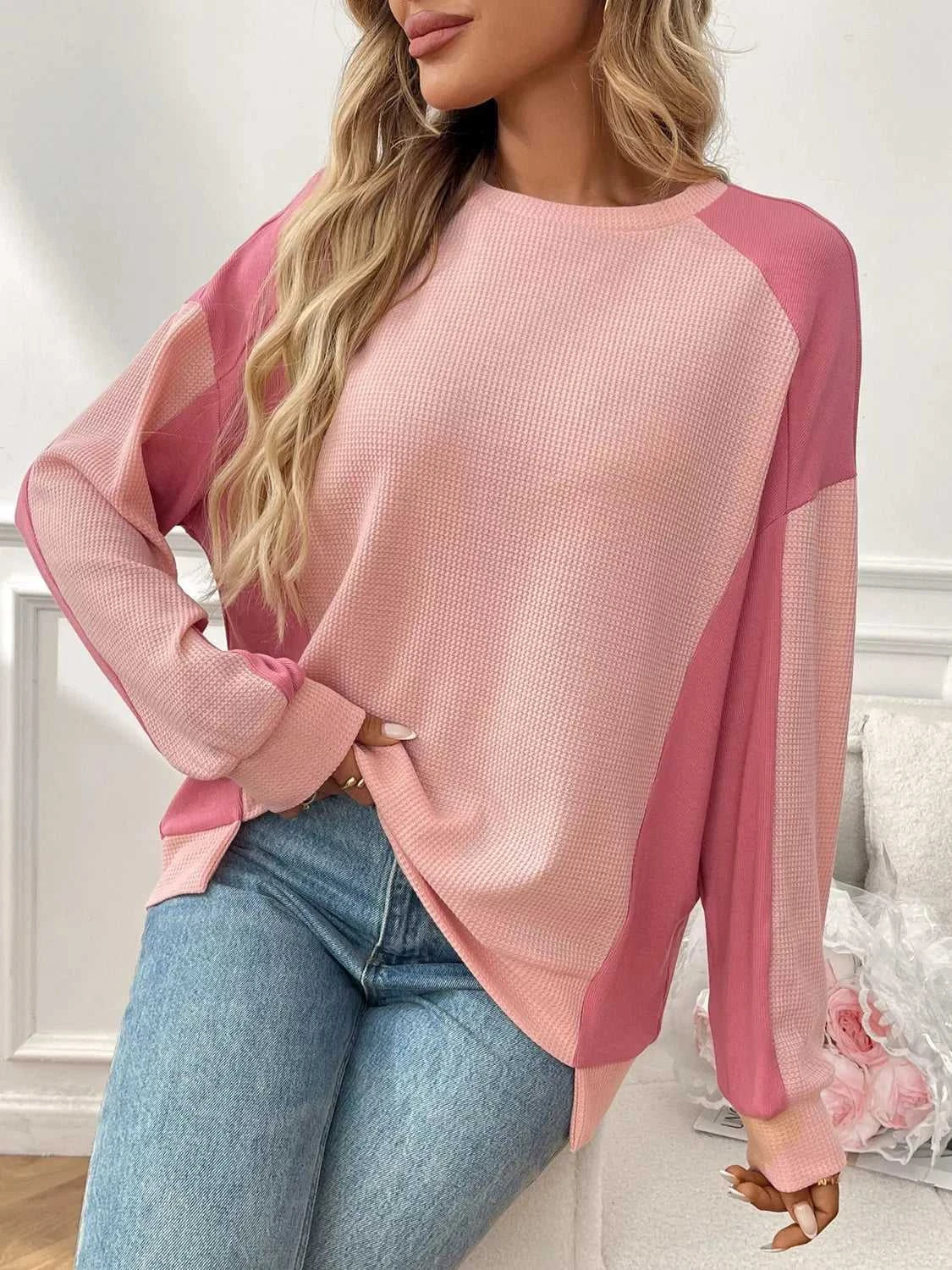 Color Block Waffle Knit Long Sleeve T-Shirt 100100404511401 37 Affordable Fashion Under $100 Jerry's Apparel 