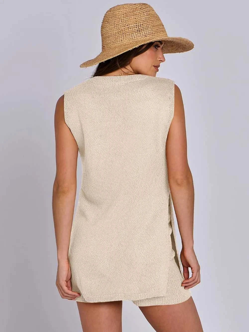 Side Slit Round Neck Tank and Ribbed Shorts Sweater Set 100100101501711 39 Affordable Fashion Under $100 Jerry's Apparel 