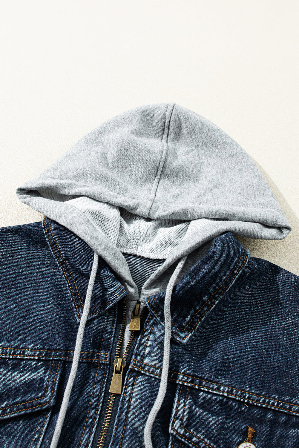 Fake Two-Piece Hooded Zip-Up Denim Jacket