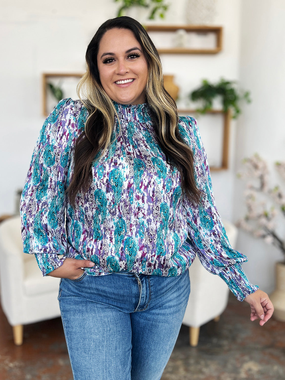 Full Size Printed Smocked Long Sleeve Blouse