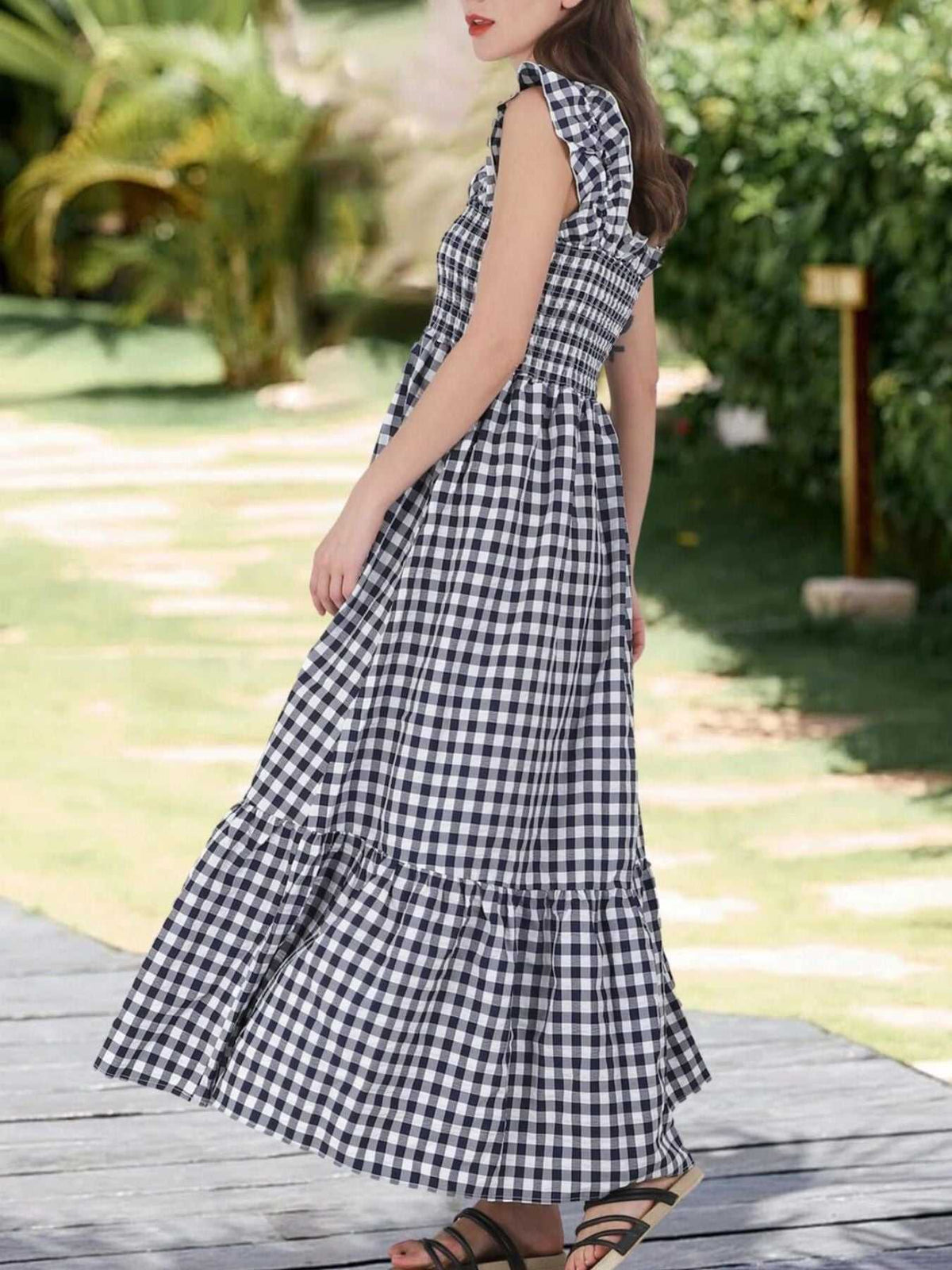Ruffled Sleeveless Gingham Midi Dress 100100350034223 45 Affordable Fashion Under $100 Jerry's Apparel 