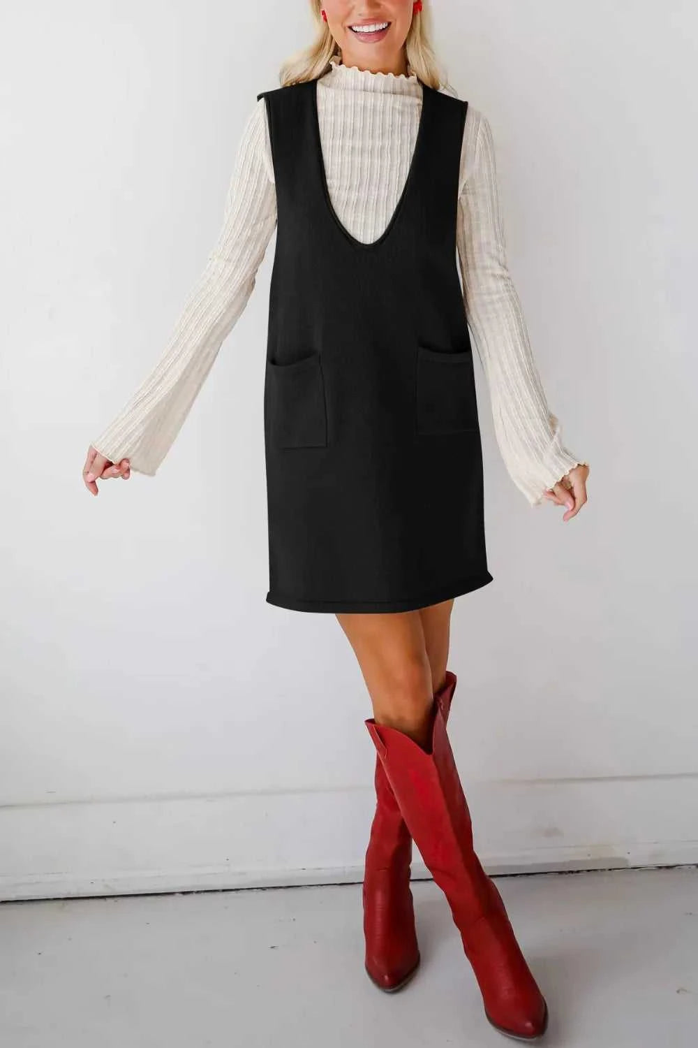 Lovelet Pocketed V-Neck Mini Sweater Overall Dress 100100283761487 35 Affordable Fashion Under $100 Jerry's Apparel 