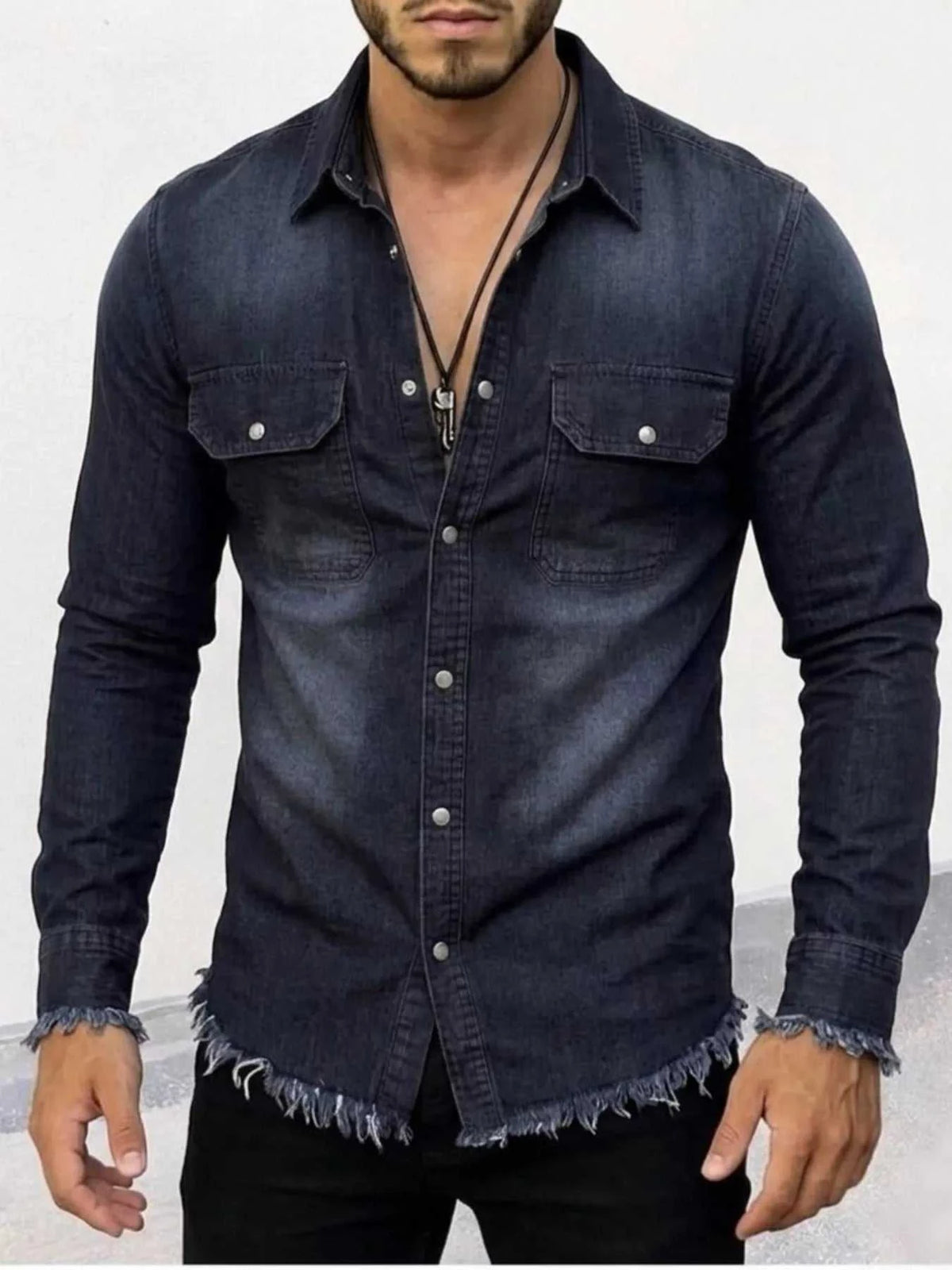 Men's Frayed Hem Denim Shirt 104003540187673 49 Affordable Fashion Under $100 Jerry's Apparel 
