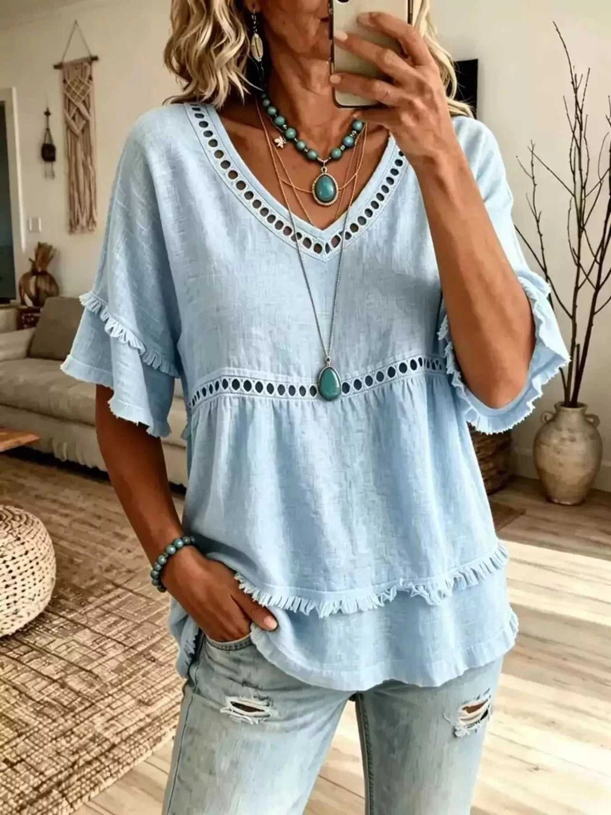 Eyelet V-Neck Frayed Edge T-Shirt 101001102955340 33 Affordable Fashion Under $100 Jerry's Apparel 