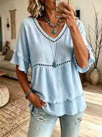 Eyelet V-Neck Frayed Edge T-Shirt 101001102955340 33 Affordable Fashion Under $100 Jerry's Apparel 