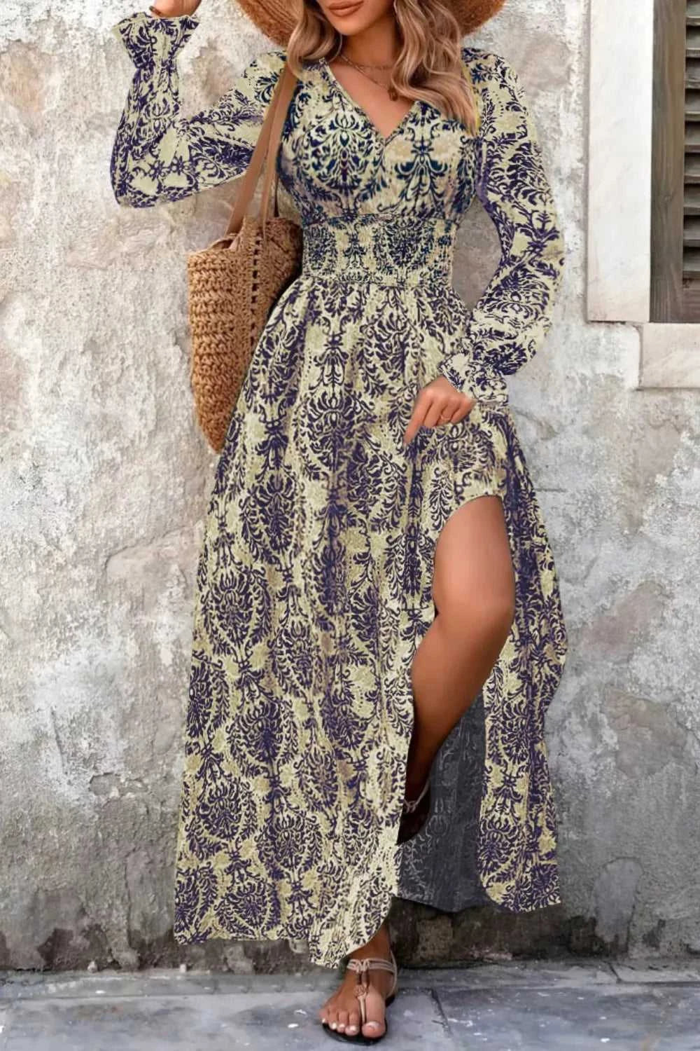 Printed V-Neck Long Sleeve Maxi Dress 100100718811429 44 Gifts for Her Jerry's Apparel 