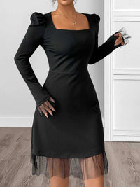 Square Neck Puff Sleeve Mesh Hem Dress 100100646887341 34 Affordable Fashion Under $100 Jerry's Apparel 
